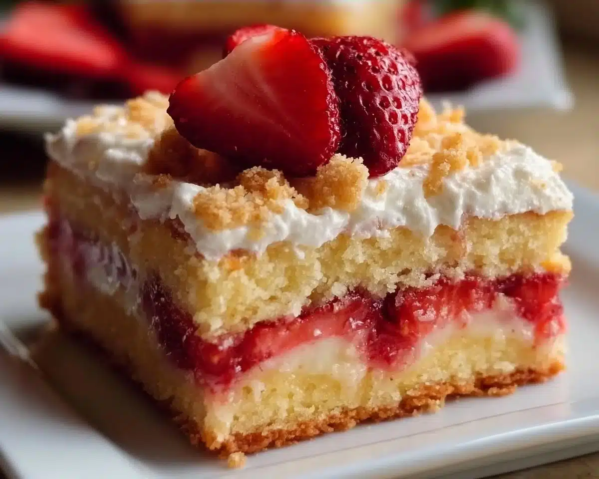 Delicious Strawberry Shortcake Bars topped with fresh strawberries and whipped cream.