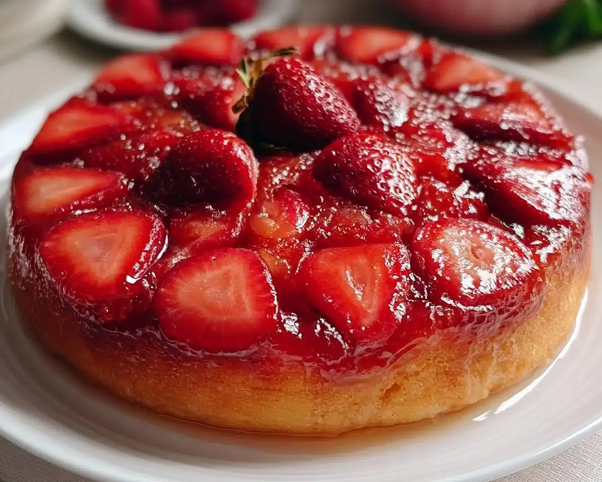Delicious Strawberry Upside Down Cake topped with fresh strawberries