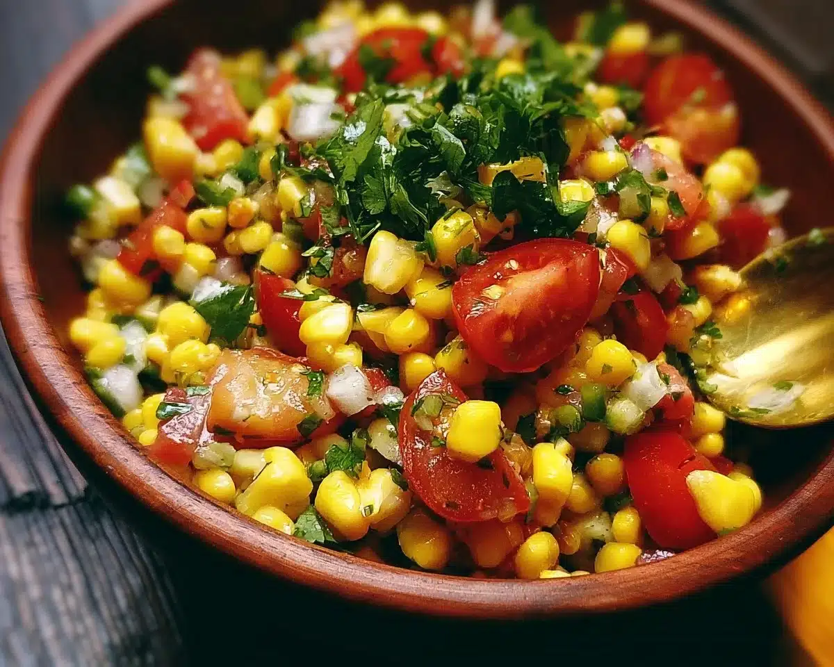 Fresh summer corn salad with colorful vegetables in a bowl