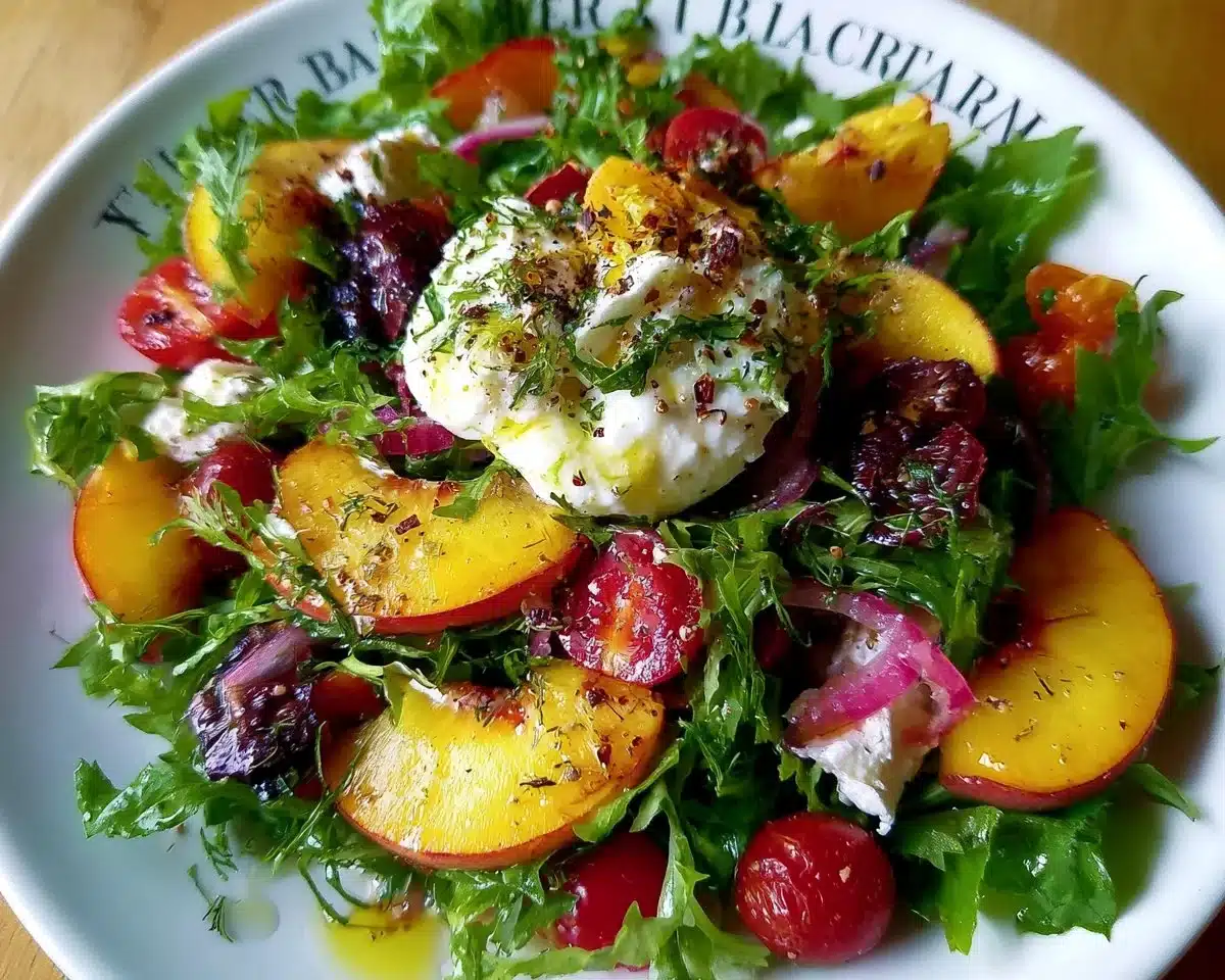 Fresh Summer Peach Burrata Salad with ripe peaches and creamy cheese