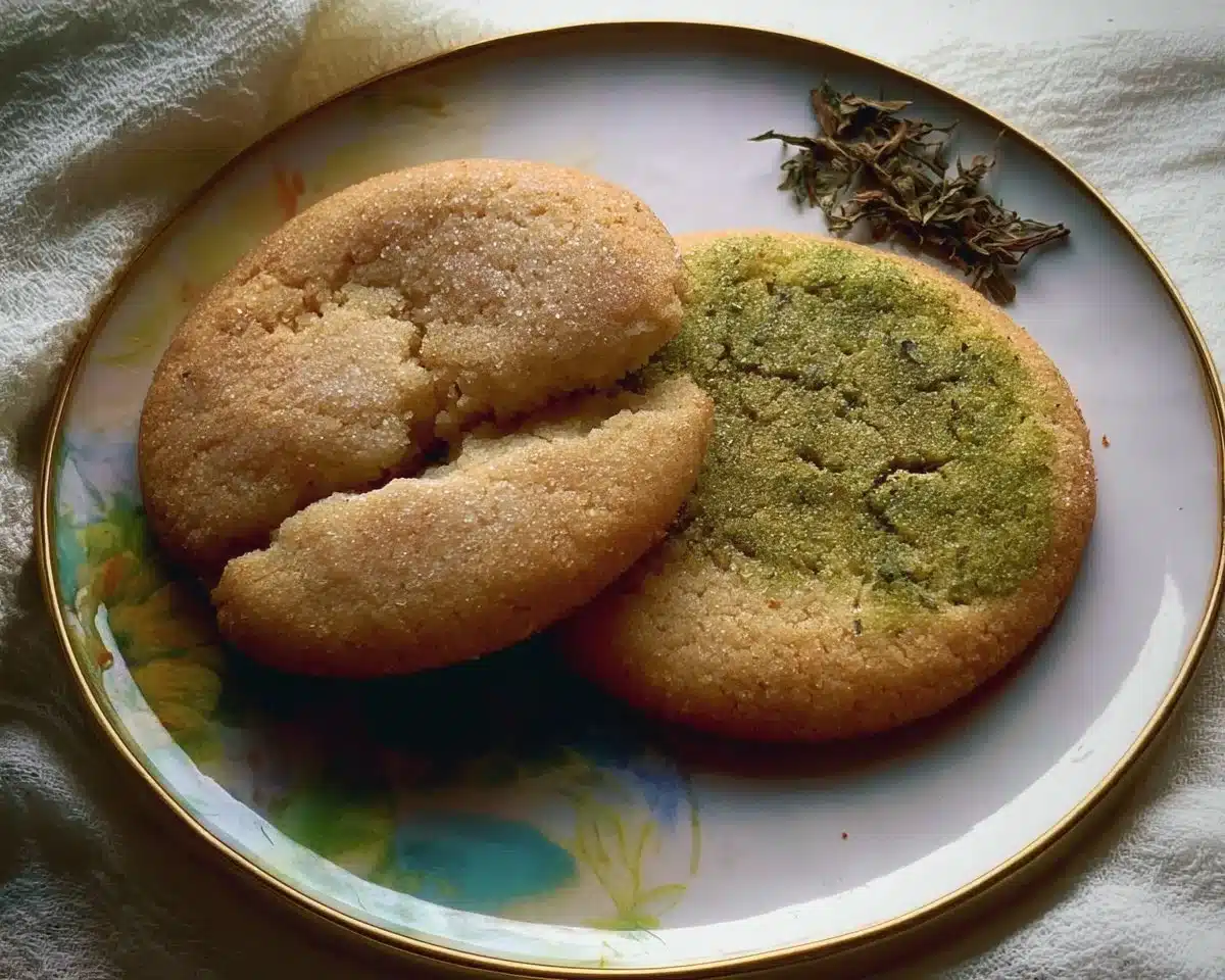 Plate of homemade tea-infused sugar cookies decorated with tea leaves