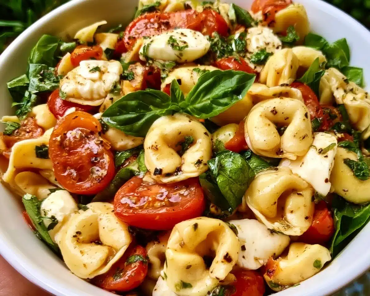Tortellini Caprese Salad with fresh basil, tomatoes, and mozzarella