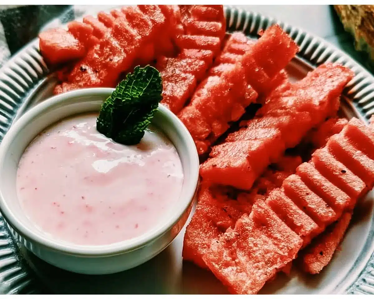 Delicious watermelon fries with a sweet fruit dip on a plate