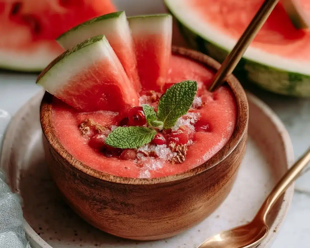 Vegan watermelon smoothie in a glass with fresh fruit and mint leaves.