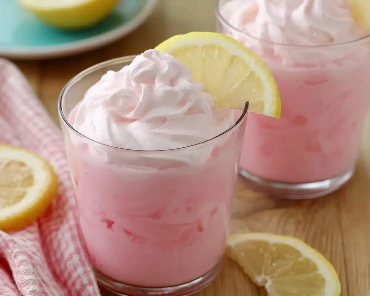 Whipped pink lemonade topped with heavy whipping cream in a glass