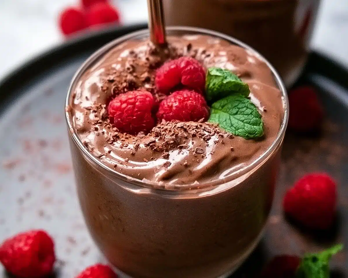 Delicious Chocolate Raspberry Smoothie with Avocado in a glass