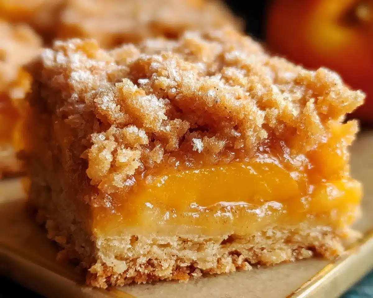 Delicious homemade Peach Crumb Bars with a golden crumb topping and fresh peach filling